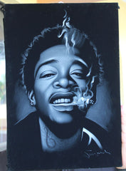 Wiz Khalifa portrait; rapper; Cameron Jibril Thomaz;  Original Oil painting on Black Velvet by Zenon Matias Jimenez- #JM114