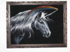 Unicorn,  White magical rainbow Unicorn, Original Oil Painting on Black Velvet by Enrique Felix , "Felix" - #F28