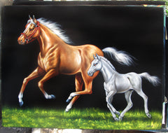 Mare and Colt or filly in grass; Original Oil Painting on Black Velvet ;  by Jorge Terrones -(size 18"x24")-p1 J164
