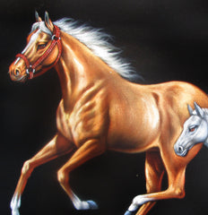 Mare and Colt or filly in grass; Original Oil Painting on Black Velvet ;  by Jorge Terrones -(size 18"x24")-p1 J164