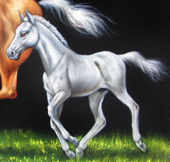Mare and Colt or filly in grass; Original Oil Painting on Black Velvet ;  by Jorge Terrones -(size 18"x24")-p1 J164