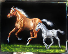 Mare and Colt or filly in grass; Original Oil Painting on Black Velvet ;  by Jorge Terrones -(size 18"x24")-p1 J164
