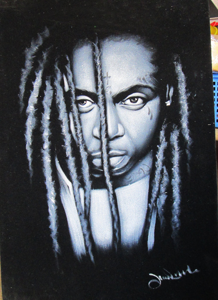 Lil Wayne portrait; Dwayne Michael Carter, Jr; Original Oil painting on Black Velvet by Zenon Matias Jimenez- #JM104