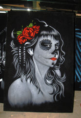 Sugar Skull Girl portrait;  Day of the Dead ; Calavera; Original Oil painting on Black Velvet by Zenon Matias Jimenez- #JM109