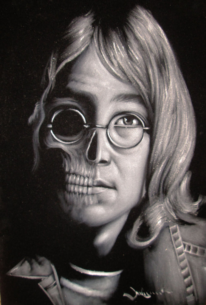 John Lennon portrait; Beatles; Calavera Skull; Day of the dead;  Original Oil painting on Black Velvet by Zenon Matias Jimenez- #JM112