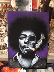 Jimi Hendrix portrait; Calavera Skull; Day of the dead;  Original Oil painting on Black Velvet by Zenon Matias Jimenez- #JM126