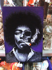 Jimi Hendrix portrait; Calavera Skull; Day of the dead;  Original Oil painting on Black Velvet by Zenon Matias Jimenez- #JM126