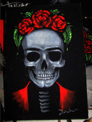 Frida Kahlo de Rivera portrait; Calavera de Frida Kahlo ; Original Oil painting on Black Velvet by Zenon Matias Jimenez- #JM130